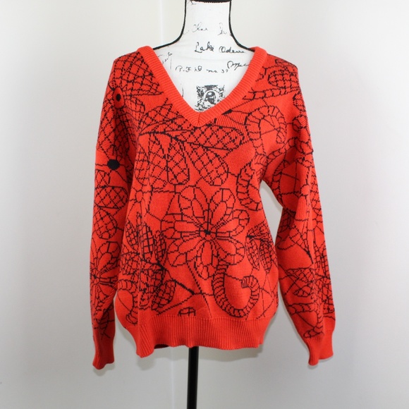 Vintage Floral Sweater Medium Oversized Red Orange - Picture 1 of 8